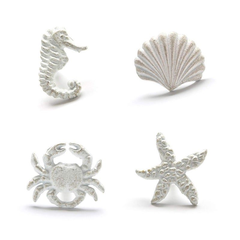 ZILucky Sea Horse Starfish Seashell and Crab Drawer Pulls Handles for Dresser Cupboard Wardrobe Cabinet Kitchen Beach Ocean Theme Knobs Pack of 4 (White) - Image 1